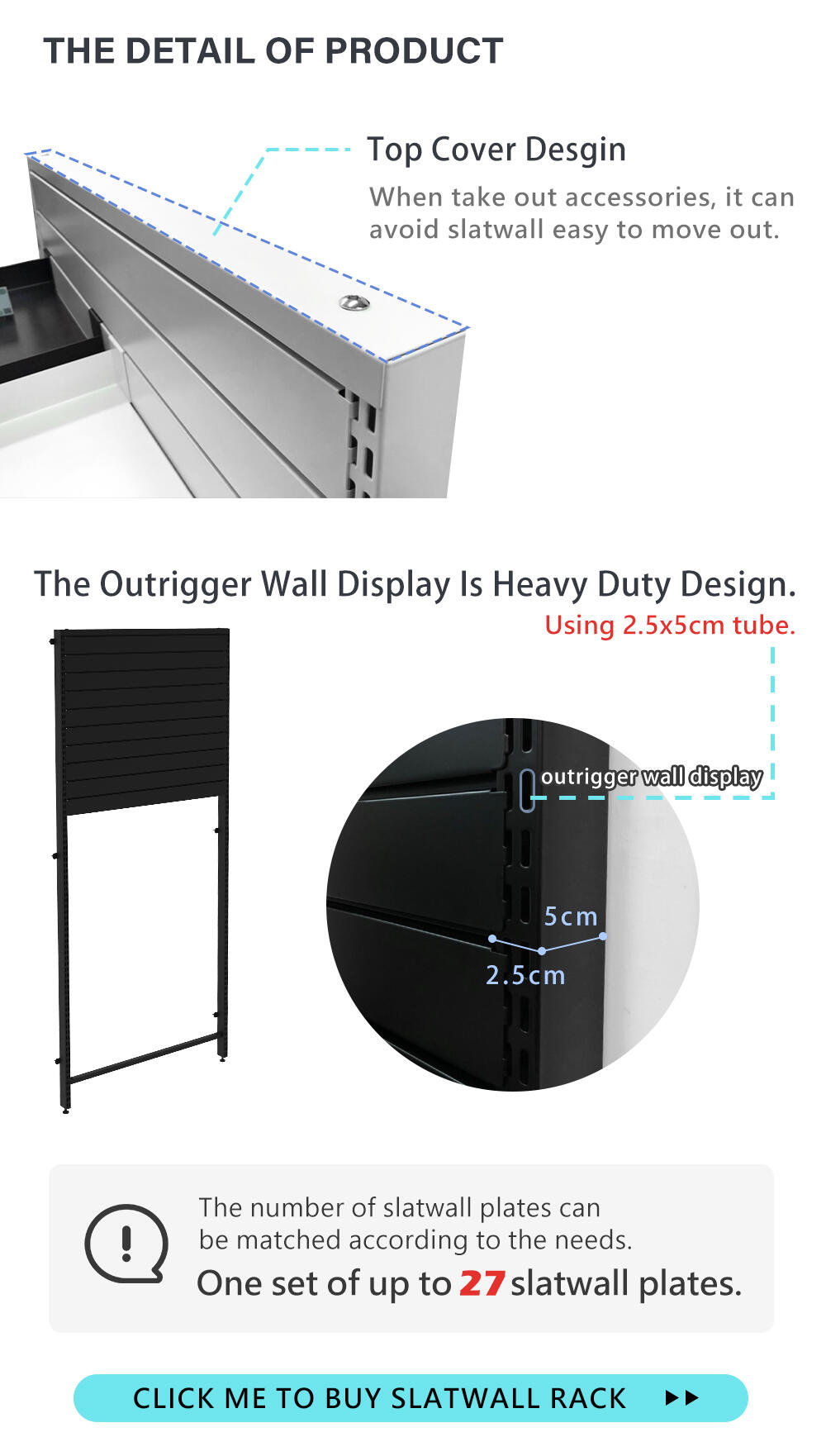 Top cover design of metal Slatwall rack stand