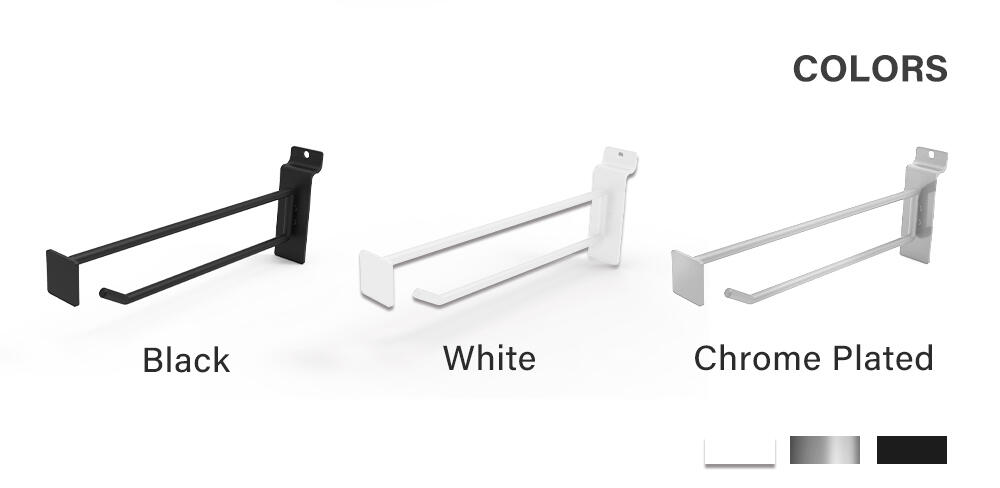Colors of slatwall flip scan hook: white/black/chrome plated