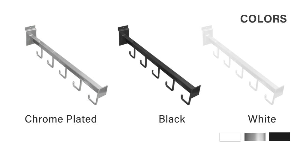 Colors of slatwall rectangular 5 J-hook: chrome plated/black/white