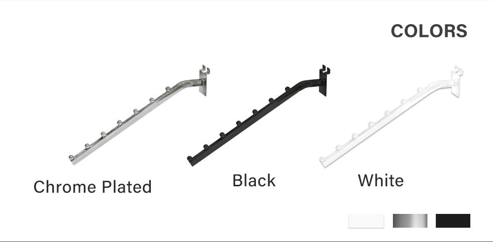 Colors of slatwall clothing rack display hook: chrome plated/black/white