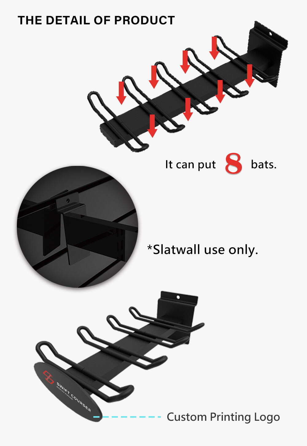 Detail of Slatwall baseball bat display rack