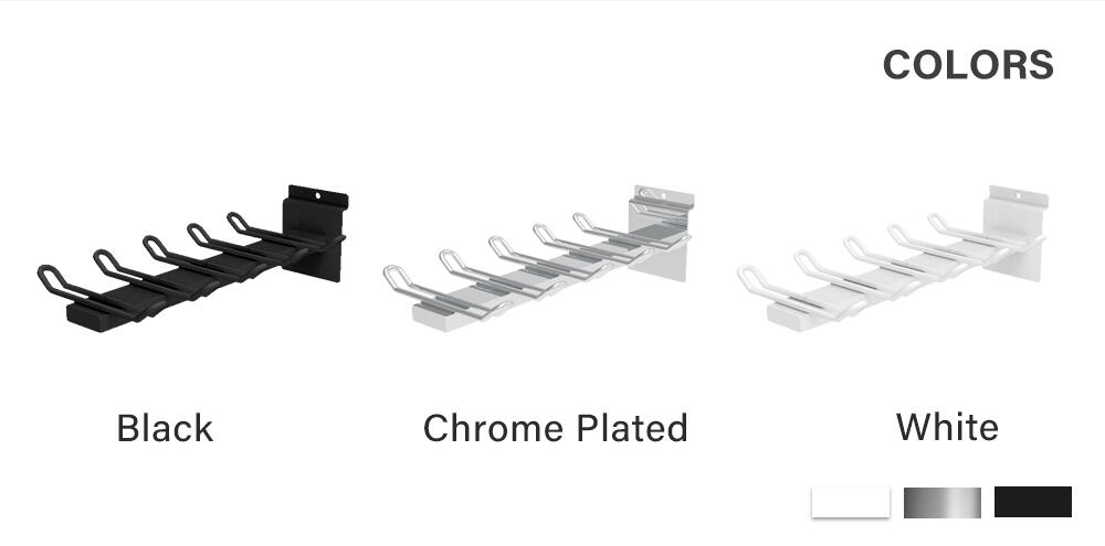 Colors of Slatwall baseball bat display rack: black/white/chrome plated