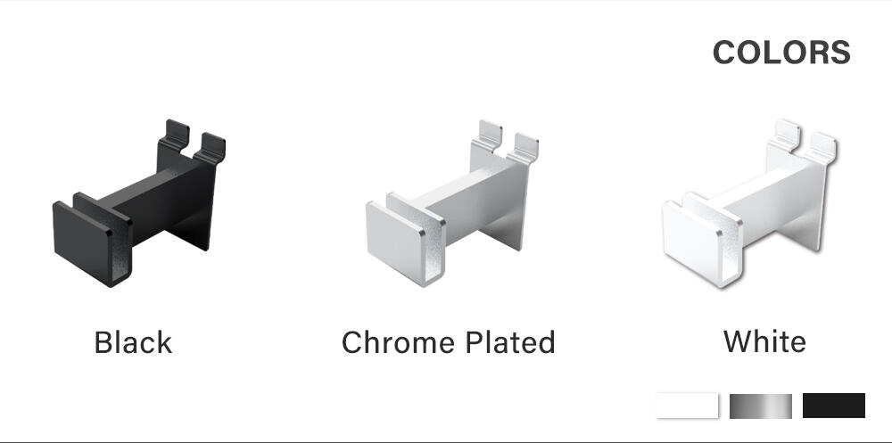 Colors of metal Slatwall rectangular tubing hangrail bracket: black/chrome plated/white