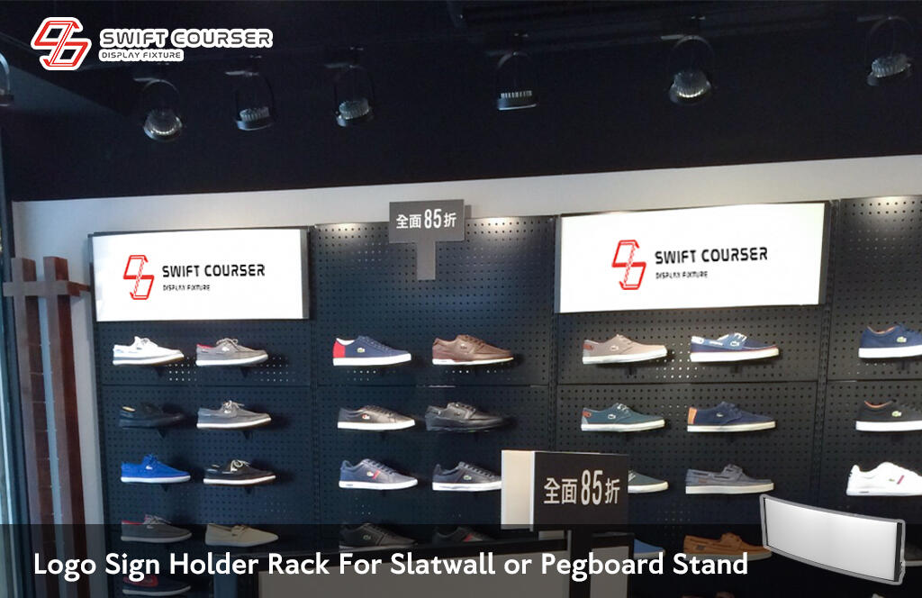 Logo display holder rack for metal slatwall or pegboard stand