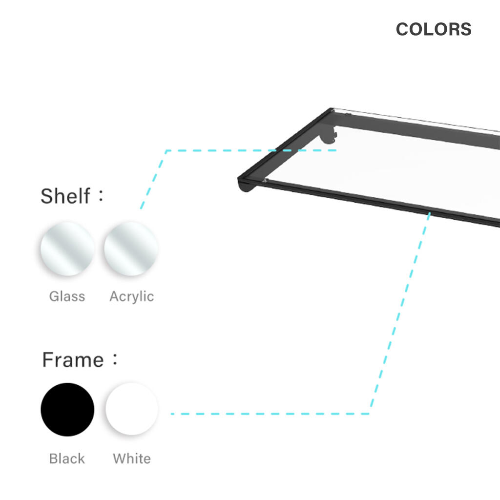 Colors of frame of metal Slatwall glass shelf: black/white