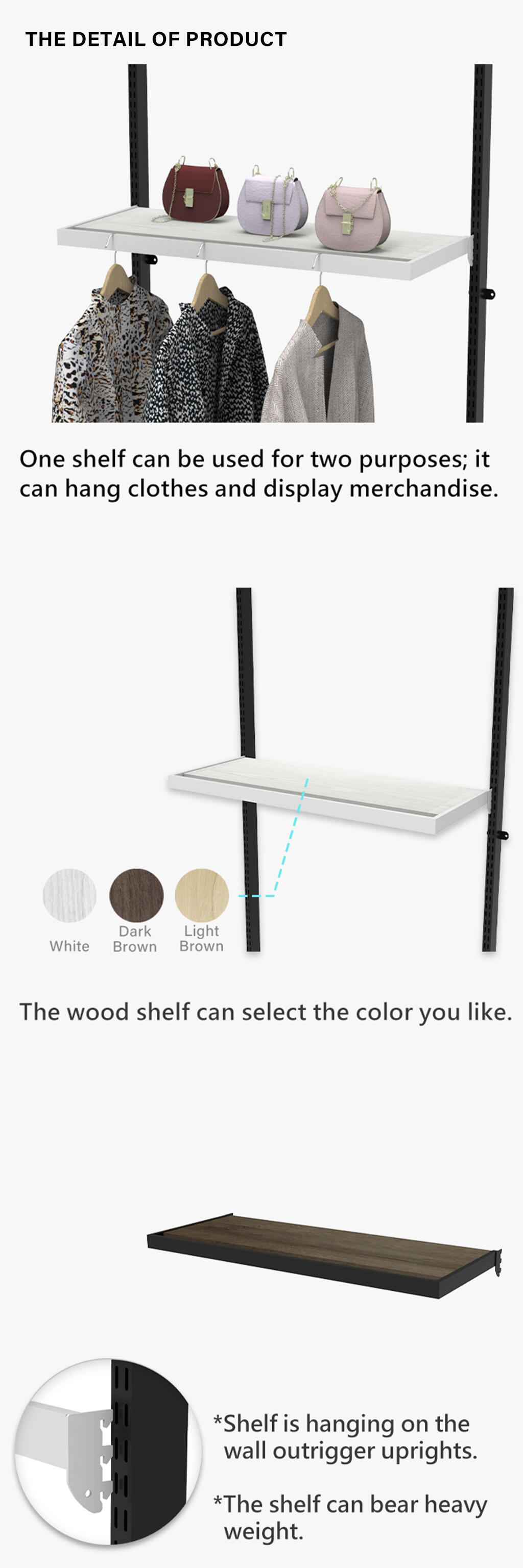 Detail of metal Slatwall wood cloth hangrail shelf